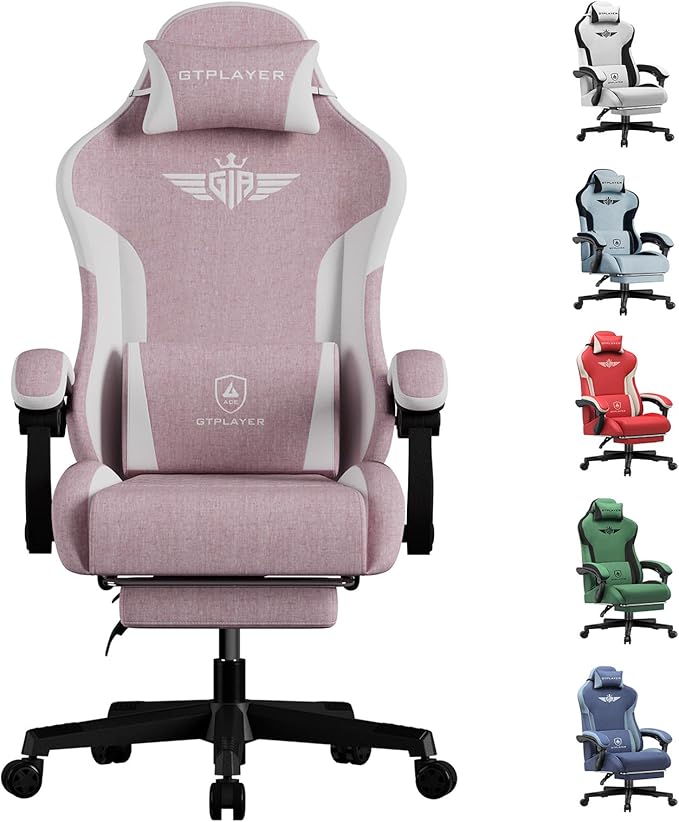 GTPLAYER Gaming Chair Computer Office Chair Lumbar Support Linkage Armrests and Footrest Ergonomic Game Chair for Adults with Extended Backrest Linen Fabric Pink