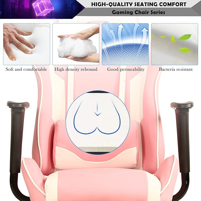 Gaming Chair Racing Style Office Computer Game Chair Ergonomic Desk Chair with Headrest Lumbar SupportHigh Back Gamer Office Chair Massage Recliner Video Game Chairs for Kids or AdultsPink
