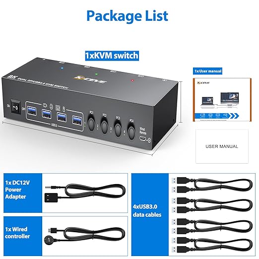 KVM Switch 2 Monitors 4 Computers HDMI + DisplayPort KCEVE USB 3.0 DP KVM Switcher 8K@30Hz/4k@144Hz DP KVM for 4 PC Share 2 Display and 4 USB 3.0 Devices