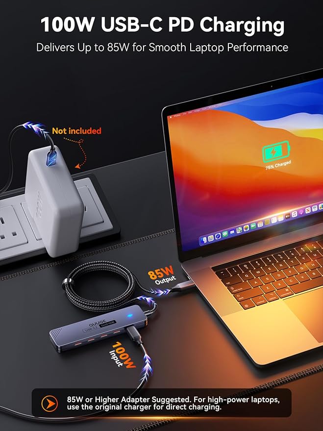 USB C Hub 10Gbps QUUGE 5-in-1 USB Splitter with 4 USB-C 3.2 and PD 100W Charging Fast Transfer Aluminum Multiport Type-C Adapter with 100cm Nylon Cable for MacBook Air/Pro iPad Surface Pro XPS