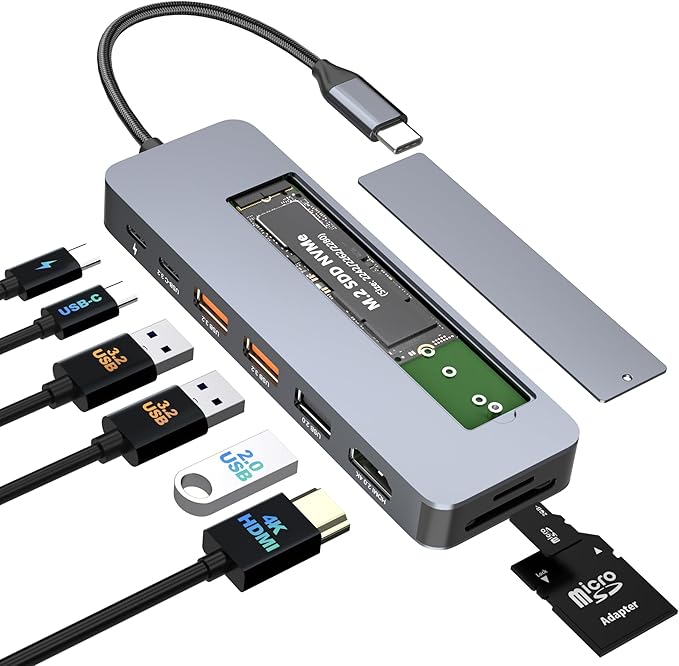 USB C Docking Station with M.2 NVMe SSD Enclosure 10Gbps 9 in 1 USB-C Hub Type C SSD Slot with 4K@60Hz HDMI USB 3.2 Gen2 PD100W SD/TF Card Reader Laptop Docking Station for Dell/HP/Lenovo/Mac