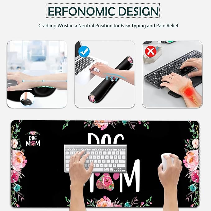 Large Mouse Pad Ergonomic Mouse Pad with Wrist Rest and Keyboard Wrist Rest 4 in 1 Set 31.5 x11.8 inch Extended Desk Pad for Home Office Cute Dog Mom Floral Pattern XXL Black Gaming Mouse Mat