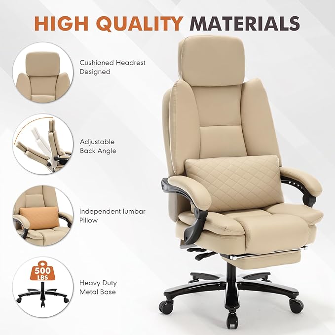 500lbs Plus Size Office Chair with Lumbar Support PU Leather Big and Tall Heavy Duty Reclining Office Desk Chair with Foot RestBeige