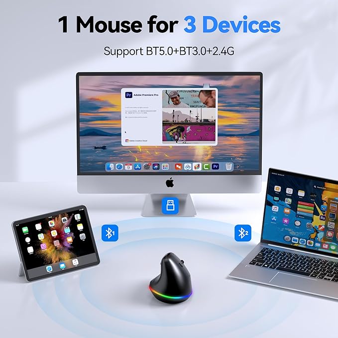 TECKNET RGB Rechargeable Wireless Ergonomic Mouse - USB+Bluetooth Multi-Device LED Vertical Mouse with 11 RGB Backlight Modes 4800 DPI Adjustable Ergo Mice for Windows and Mac Black