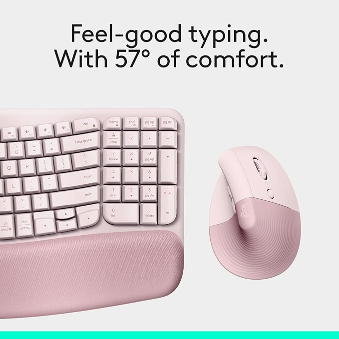 Logitech Wave Keys &amp Lift Vertical Mouse - Ergonomic Wireless Keyboard and Mouse Combo - with Cushioned Palm Rest Easy-Switch Bluetooth for Multi-OS Windows/Mac - Rose