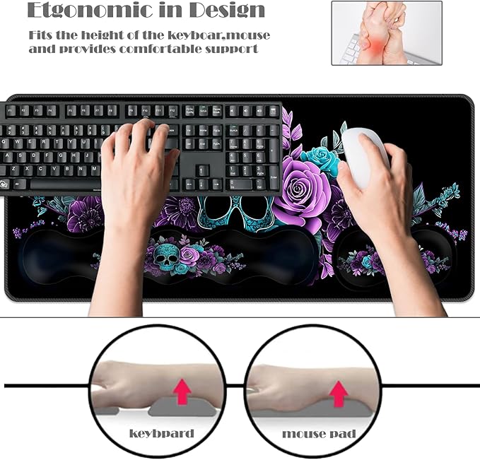 Ergonomic Keyboard Wrist Rest &amp Mouse Pad Wrist Rest SetXL Gaming Desk Mat 31.5x 11.8Non-Slip BaseMemory FoamEasy Typing Pain Relief for Office &amp HomeTeal Skull Purple Blue Flowers