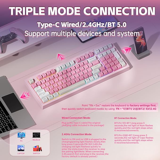 LEOBOG x Aula Gaming Keyboard Wireless Creamy Keyboard Bluetooth Computer Keyboards Ergonomic Pink Keyboard Full Size with Number Pad Light Up RGB Backlit Tri-Mode BT/2.4GHz/USB-C - K99