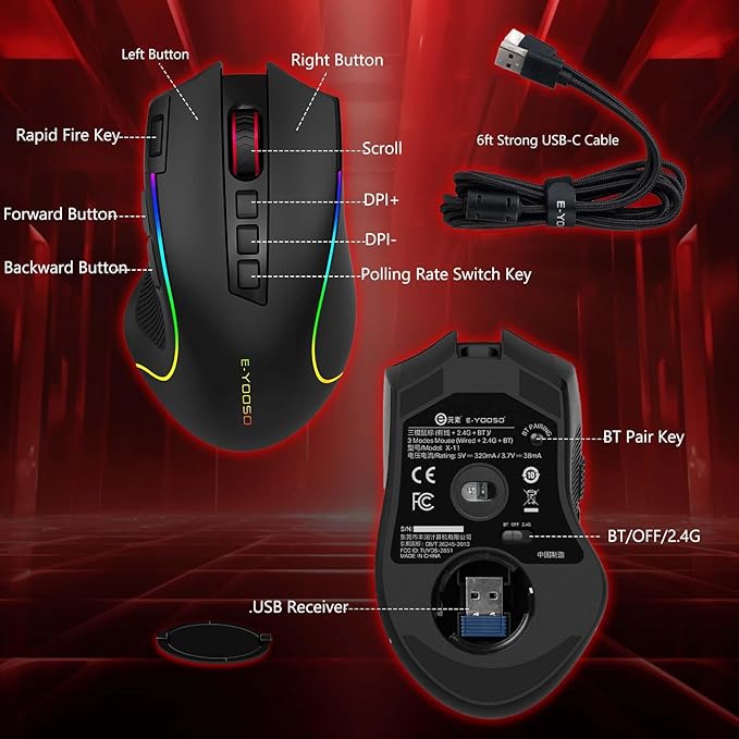 Premium Wireless Bluetooth Versatile Mouse8000 DPI6 RGB BacklitUSB C RechargeableErgonomic2.4G/BT/WiredRapid Fire Key75-Hour Power CapacityIdeal For Gaming/Office/Home/PC Computer/Laptop/Mac