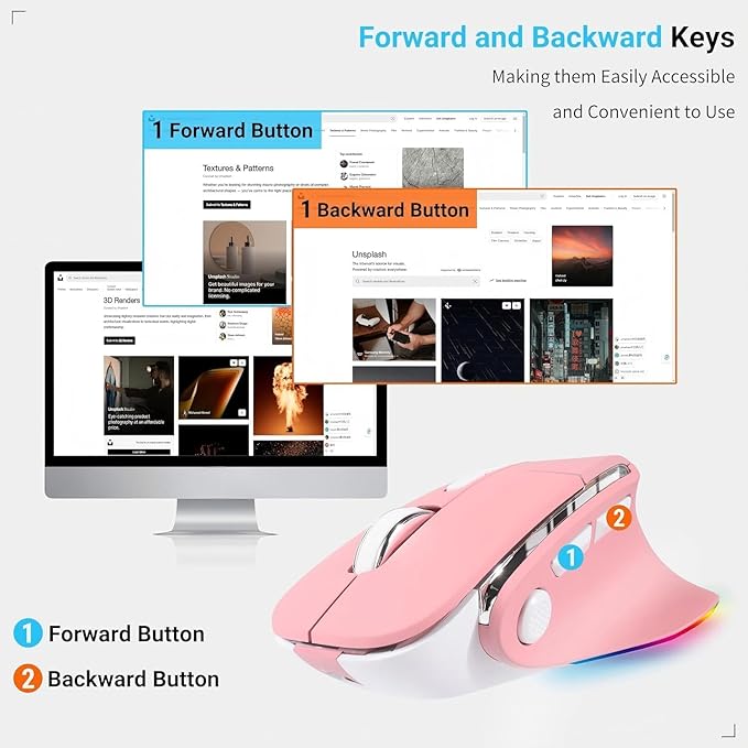 Ergonomic Mouse JigglerBluetooth Vertical Wireless MouseLED Rechargeable Optical Computer Mice Portable(BT5.2 or USB 2.4GHz) Dual Mode1000/1600/2400 DPI8 Buttons for LaptopPCMacbook (pink)