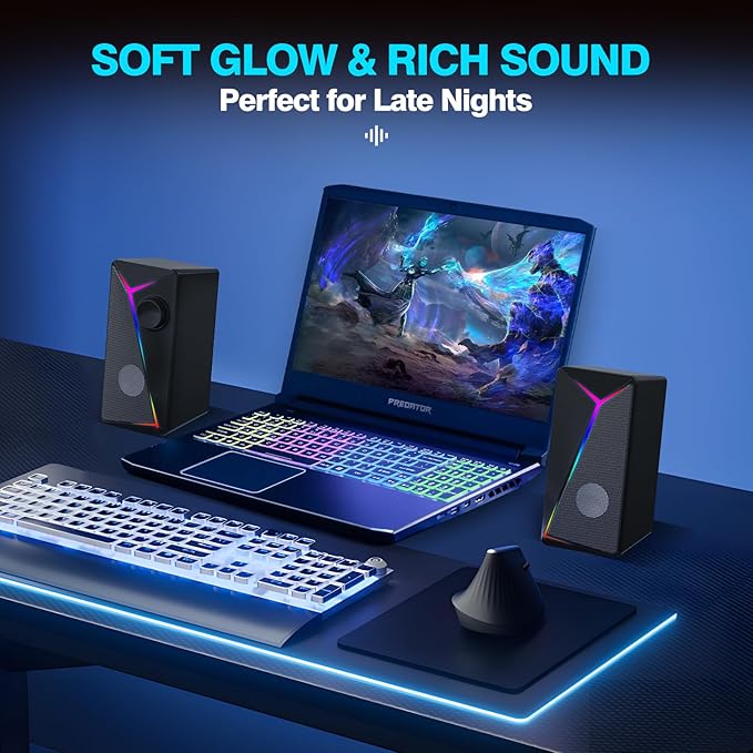 Computer Speakers for Desktop PC USB-Powered Gaming Speakers for Laptop – Multi Colorful LED Backlight Modes Stereo Sound for Gamers Music Movies Indoor &amp Outdoor Use 3.5mm AUX Cable