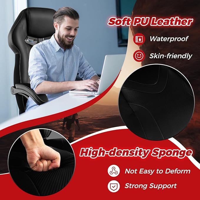 COSTWAY Gaming Chair Ergonomic Adjustable Racing Video Game Chair w/Retractable Footrest Padded Headrest &amp Lumbar Support High Back Reclining Home Office Computer Gamer Chair for Adults (Black)
