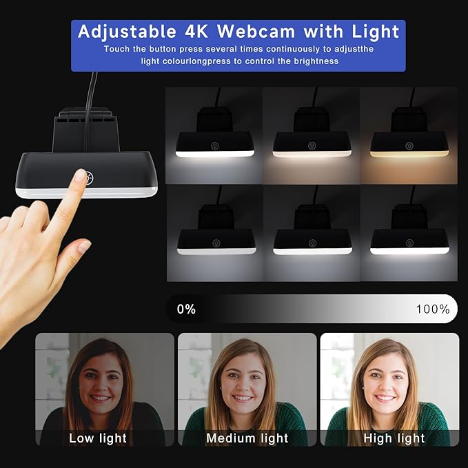 4K Webcam with Light Webcam for PC with Microphone USB Computer Camera for Desktop Web cam with Tripod Plug and Play Web Camera for Desktop Computer