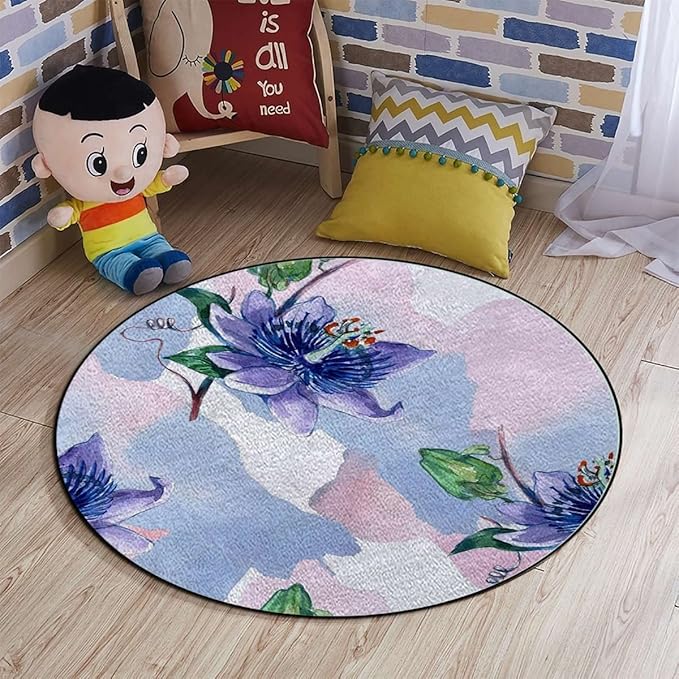Romantic Flower Round Office Chair Mat for Hardwood Floor Computer Gaming Rolling Chair Mat Floor Protector Mat Desk Rug Rustic Floral Design LavenderPale Blue Green Diameter 35.5 in
