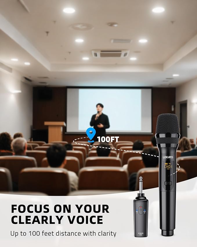 LEKATO Wireless Microphone 2.4GHz Rechargeable Dual Handheld Wireless Dynamic Microphone System Set with 1/4 Receiver Professional Cordless Microphone for Karaoke Wedding Party Speech Church