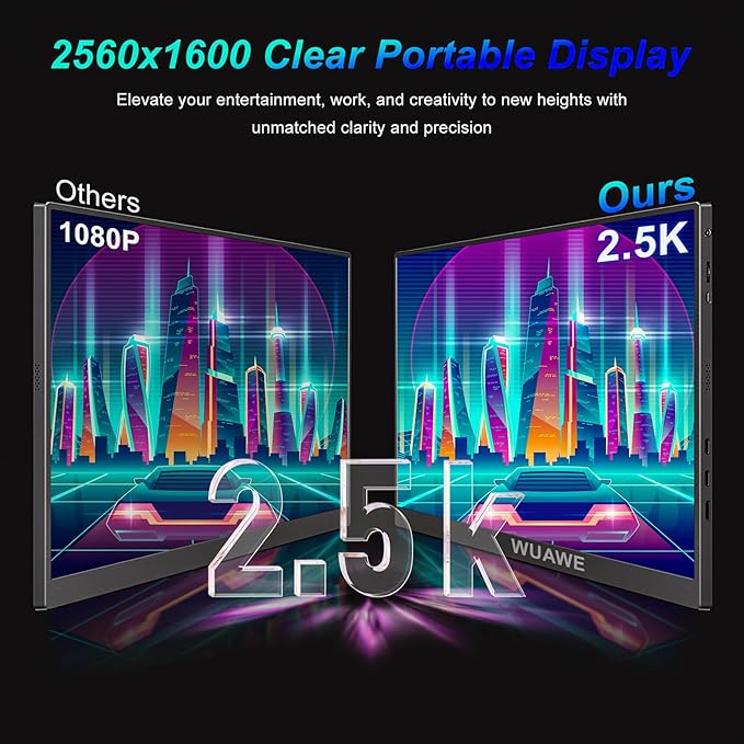 WUAWE Portable Monitor 16 16:10 IPS Travel Monitor for Laptop 100% sRGB Control USB-C HDMIHDR Freesync Display Plug&ampPlay for Phone PS5 Switch (2.5K|144HZ Black 16inch)