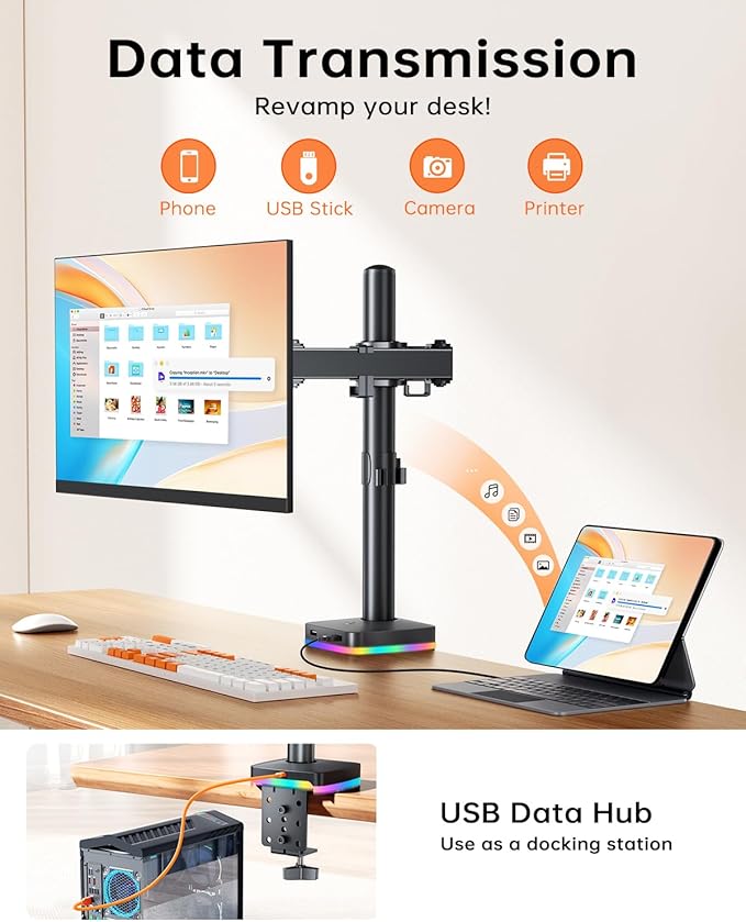 RGB 2 in 1 Laptop Monitor Desk Tray with 3 USB Ports Charging and USB Data Transfer Adjustable laptop stand for 13 to 32 Screen and 11-17” Laptop Holds 18lbs/Arm 75x75/100x100 VESA C-Clamp