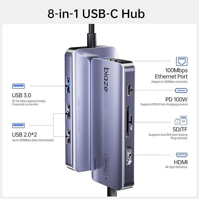 8-in-1 USB C Hub Adapter for MacBook 4K60Hz HDMI 100W PD Charging USB 3.0 USB 2.0 * 2 SD/TF Card Reader 100M Ethernet 7 Ports Dongle for MacBook Pro/Air iPad Pro iPhone