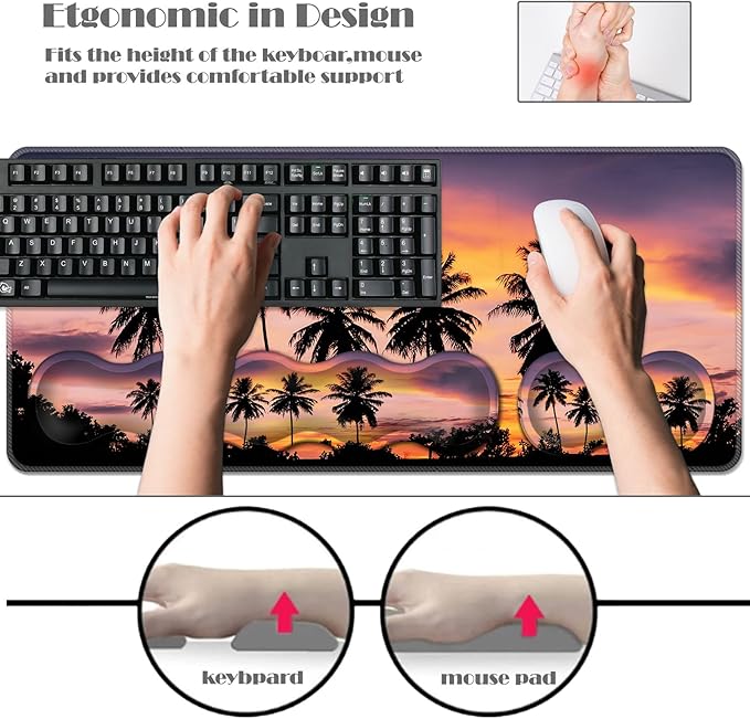 Ergonomic Keyboard Wrist Rest &amp Mouse Pad Wrist Rest SetXL Gaming Desk Mat 31.5x 11.8Non-Slip BaseMemory FoamEasy Typing Pain Relief for Office &amp HomeTropical Sunset with Palm