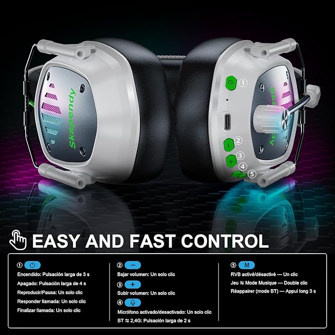 Wireless Gaming Headset for PS5 PS4 PC Switch Mac Phone 2.4GHz Gaming Headphones with 50mm Drivers 3D Surround Sound ENC Noise Cancelling Mic Cool RGB Light 50-Hour Gametime