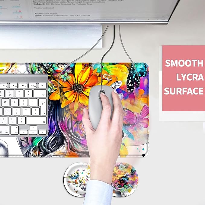 Mouse PadLarge Desk Mat Set 4in1 XL Mousepad + Keyboard Wrist Rest+Mouse Wrist Rest+Coaster with Ergonomic Desk Pad for Home Office Table Computer Cover -Woman with Floral Hair
