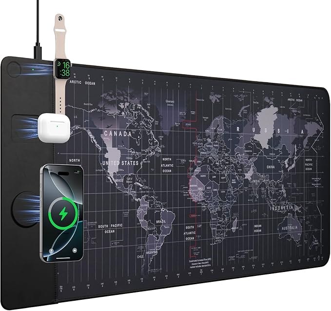 Wireless Charging Mouse Pad 15W Waterproof Gaming Mousepad with Ultra-Smooth Surface Non-Slip Base XXL Large Desk Mat 90 x 40cmBlack World Map Computer Desk Pad for MacBook PC Laptop