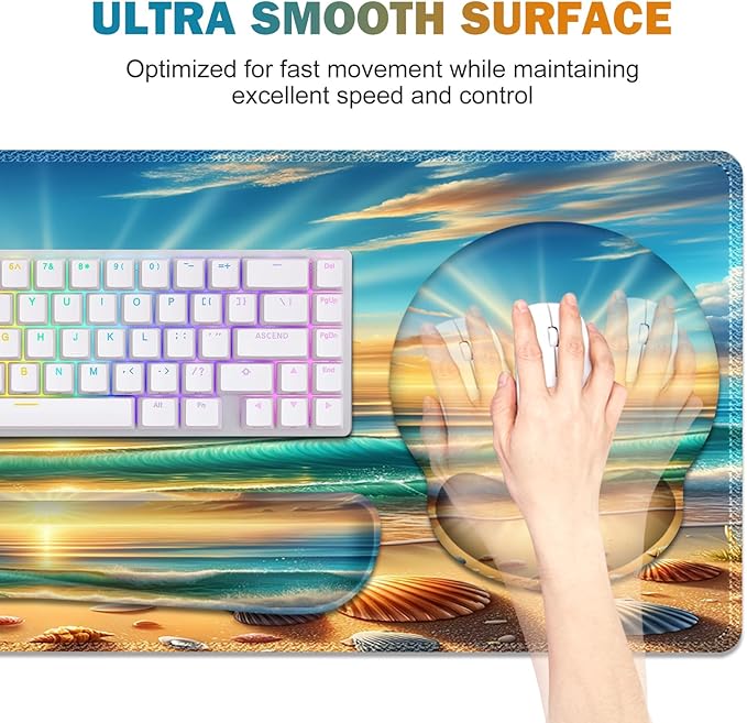 Gaming Mouse Pad Large Desk Mat Cute Desk Pad Protector 4in1 XXL Mousepad + Keyboard Wrist Rest+Mouse Wrist Rest+Coaster Set with Ergonomic Desk Pad for Home Office Computer Beach Sun Shell