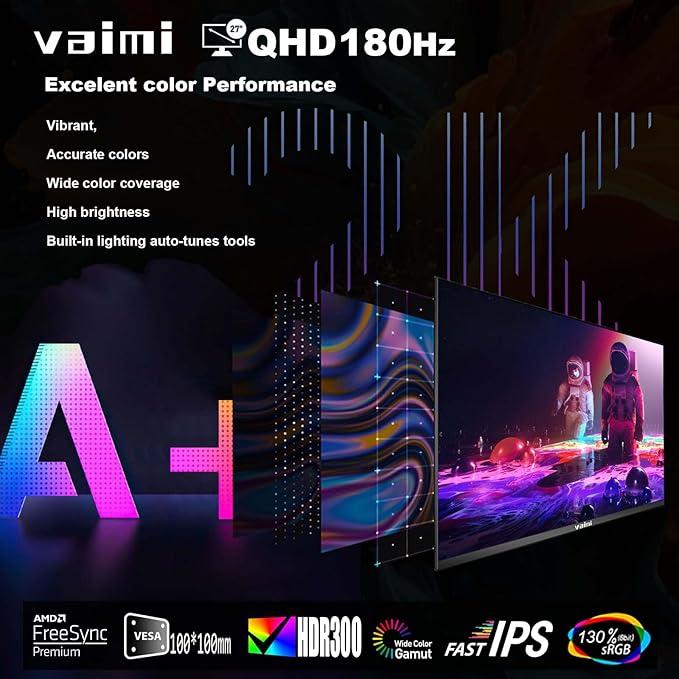 27 Inch QHD 2560 x 1440 Gaming Monitor 180Hz 1ms Fast IPS Computer Screen DP 1.4 x2 HDMI 2.0 x2 VESA Mount 130% sRGB HDR Eye Care Metal Stand DP Cable