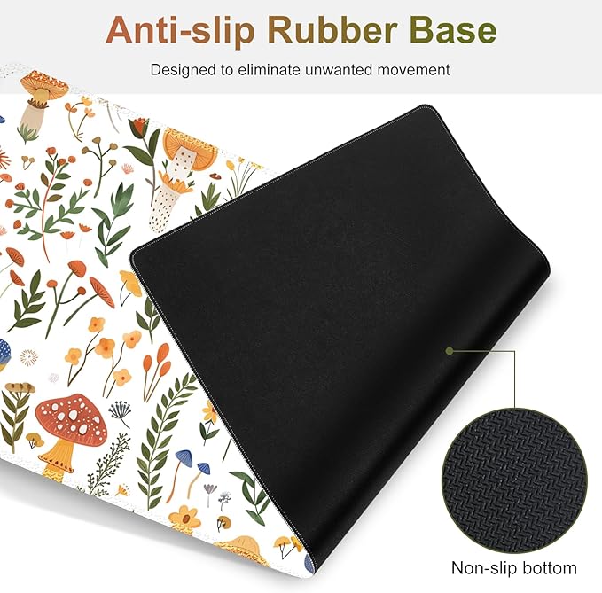 Desk Mat Gaming Mouse Pad Cute Keyboard Wrist Rest Anti-Slip XXL Mouse Pad with Stitched Edges Mushroom Plant Leaf Theme