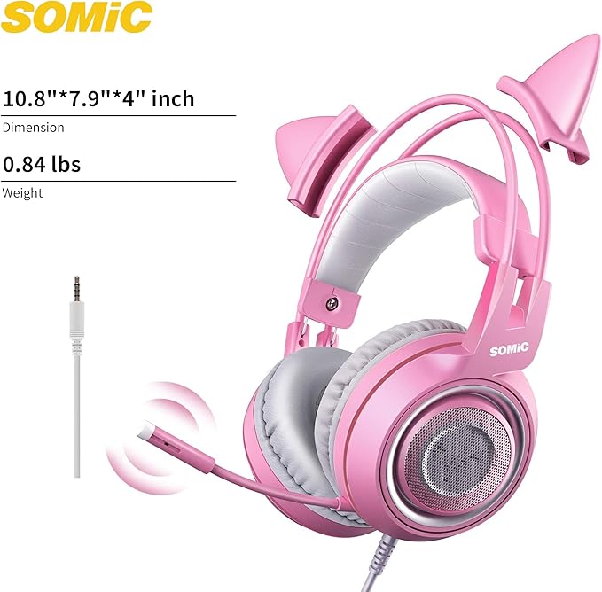 SOMIC G951s Pink Stereo Gaming Headset with Mic for PS4XboxPCMobile Phone3.5mm Noise Reduction Cat Ear Headphones Lightweight Over Ear Headphones for Woman
