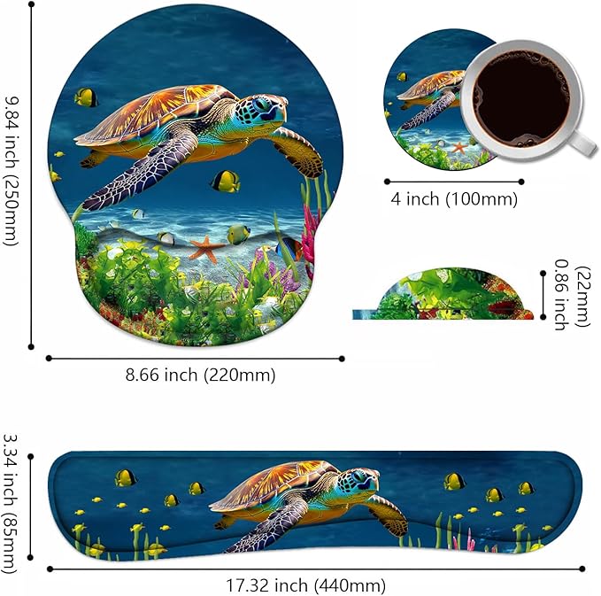 Keyboard Wrist Rest + Mouse Pad Wrist Support Set with Coasters Non-Slip PU Base Ergonomic Mousepad for Home Office Working Studying Easy Typing &amp Pain Relief Sea Turtle