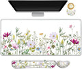 ARTSO Gaming Mouse Pad Wrist Support Set XXL Large Desk Mat Mousepad + Keyboard Wrist Support+ Mouse Wrist Rest+Coaster 4in1 Ergonomic Memory Foam for Home Office -White Flowers Plants
