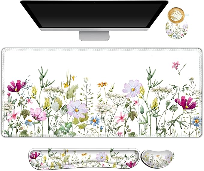 ARTSO Gaming Mouse Pad Wrist Support Set XXL Large Desk Mat Mousepad + Keyboard Wrist Support+ Mouse Wrist Rest+Coaster 4in1 Ergonomic Memory Foam for Home Office -White Flowers Plants