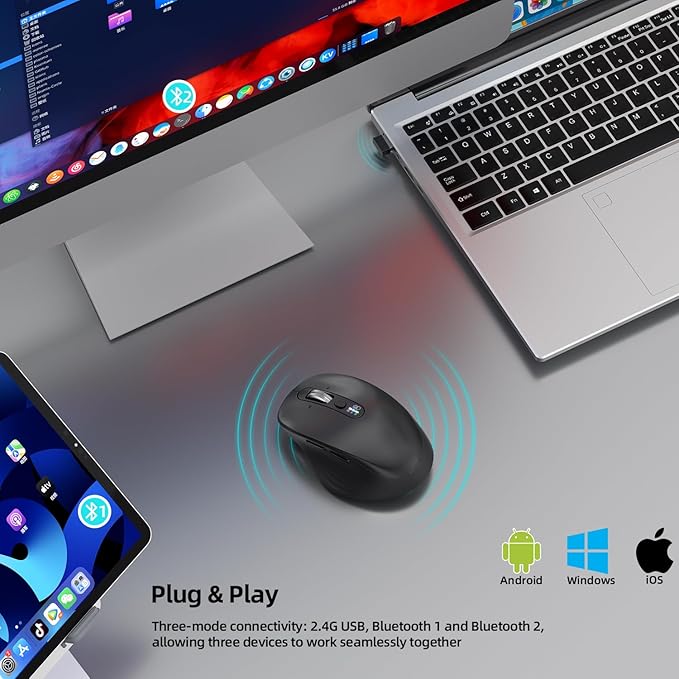 Wireless Bluetooth Mouse Multi Device (BT1/BT2 + 2.4G USB) Mouse for Laptop iPad &amp Mac 4-Way Scroll with Side Buttons Silent Click Ergonomic Offce Mouse Adjustable DPI