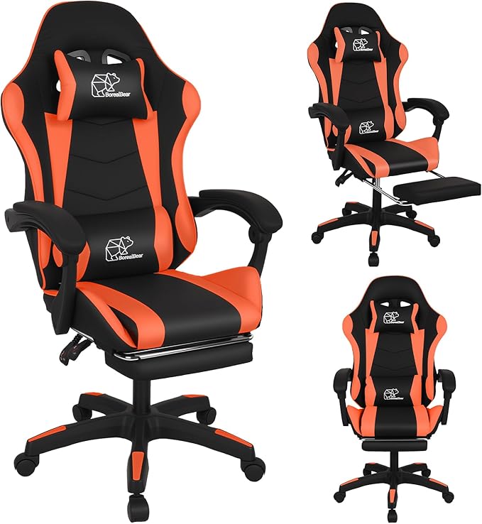 Gaming Chair Office Chair Reclining High-Back PU Leather Computer Desk Chair with Headrest and Lumbar Support suitable for gaming chairs office storage office shelving and more（Orange）