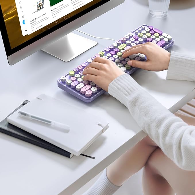 KNOWSQT Wired Computer Keyboard - Purple Colorful Retro Full Size Round Keycaps Plug and Play Typewriter Cute Keyboards for Windows Laptop PC Desktop Computer