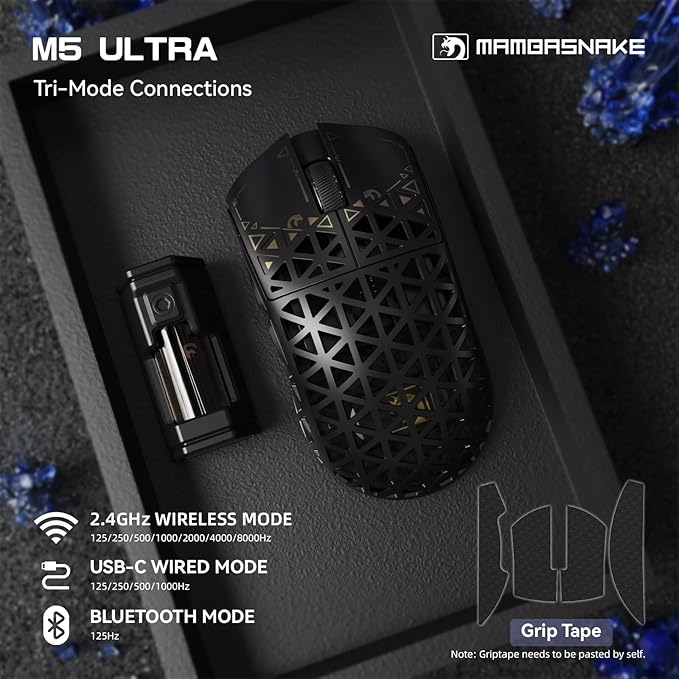 MAMBASNAKE M5 Ultra Carbon Fiber 8KHz Wireless Gaming MousePAW3950 Sensor 42K DPI39g Lightweight Tri-Mode 2.4GHz/BT/Wired Computer MiceWeb Driver Supportfor Win/Mac/FPS/MOBA/Esports-Black(B)