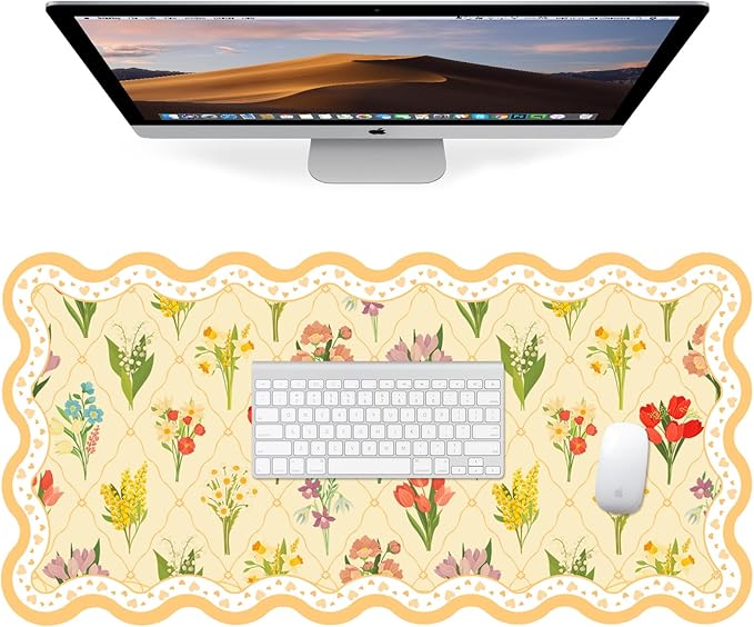 Idocolors Desk Mat for Keyboard and Mouse Large Aesthetic Scalloped Desktop MatCute Washable Non-Slip Computer Desk Mouse Pad for Office Home 31.5x15.7 Yellow Flower