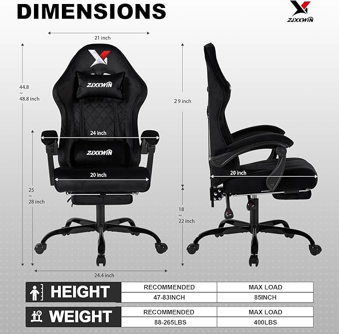 Gaming Chair with Footrest Ergonomic Computer Chair with Headrest &amp Lumbar Support Skin-Friendly Velvet Adjustable Height &amp Backrest Linked Armrest for Gamer Home Adults Office RestBlack
