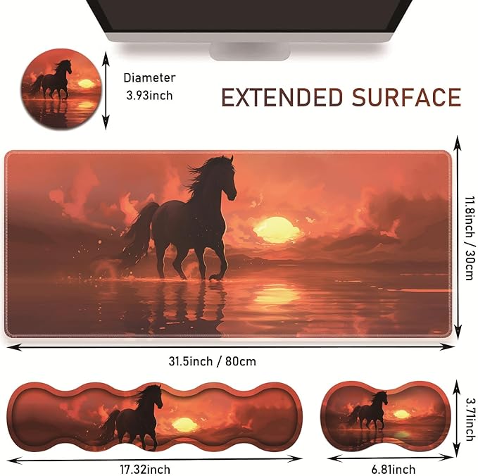 Large Gaming Table Pad 31.5 x 11.8 + Keyboard Wrist Pad + Mouse Wrist Pad + Coaster Non-Slip Base 4-in-1 Set Ergonomic Memory Foam Easy Typing Pain Relief Sunset Horse