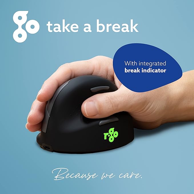 R-Go HE Ergonomic Mouse Bluetooth 5.0 Silent Click Vertical design With Break Software Prevents Tennis Elbow/RSI Arm Rechargeable For Windows/Mac 5 Buttons Black