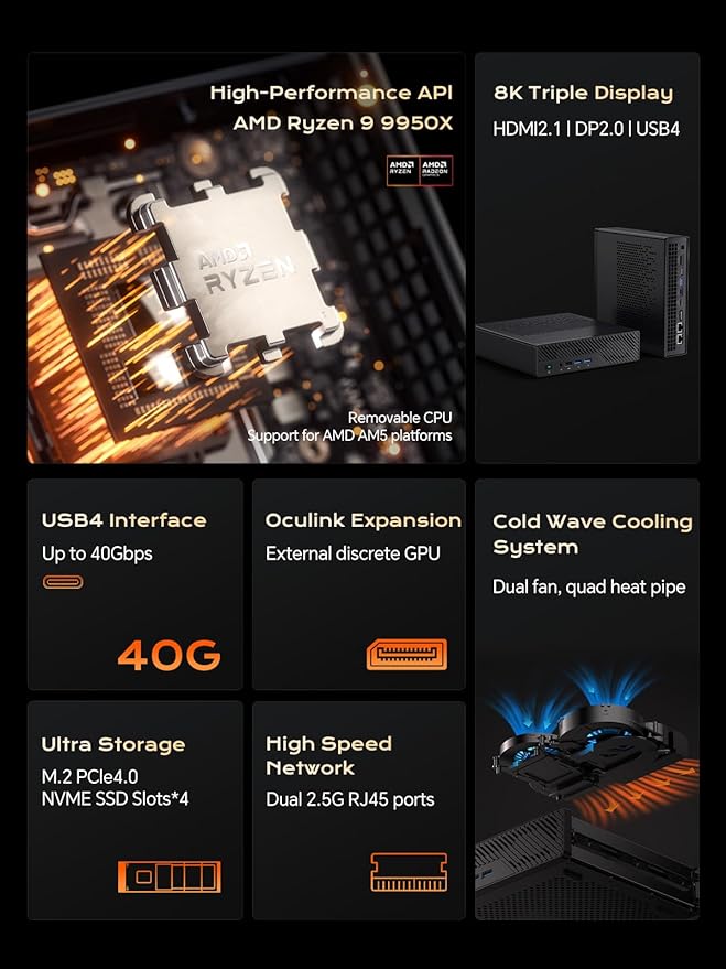MINISFORUM Mini Workstation MS-A1 Barebone with AMD Ryzen 9 9950X (Zen 5 16 cores/32 Threads up to 5.7 GHz) Mini PC OCuLink Dual 2.5G LAN 4× M.2 PCIe HDMI/DP/USB-C Without RAM/SSD