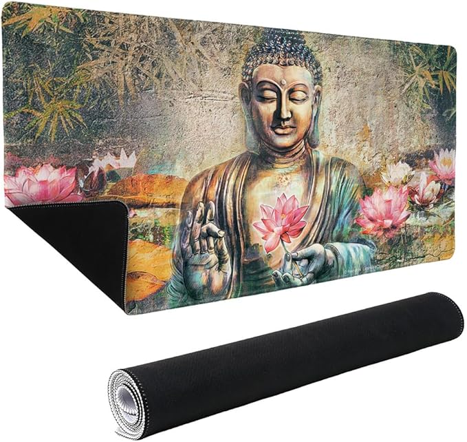 Buddha Pink Lotus Flowers Serenity Large Gaming Mouse Pad Desk Mat with Stitched Edges Non-Slip Base