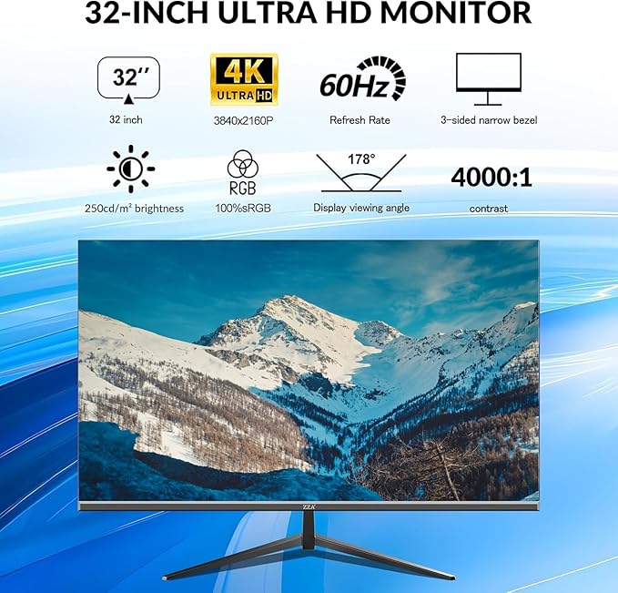 32 Inch 4K UHD Monitor (3840x2160) IPS60Hz Refresh Rate 100% sRGB AMD FreeSync 178° Viewing Angle HDMI/DisplayPort VESA 100x100mm Mount Compatible Tilt Adjustable - Black