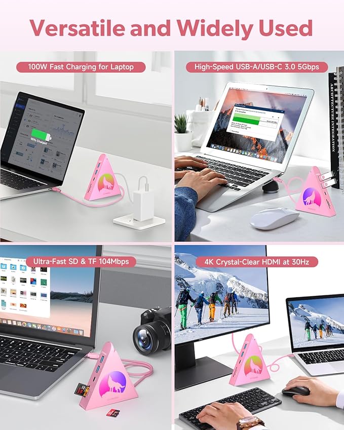 Pink USB-C Hub Bundle – Wolf 8-in-1 USB C Hub with 4K@30Hz HDMI PD100w 5Gbps USB-C 3 USB-A 3.0 SD/TF Card Reader Flying V Type C to 4 USB 3.0 Ports Hub for MacBook iMac iPad