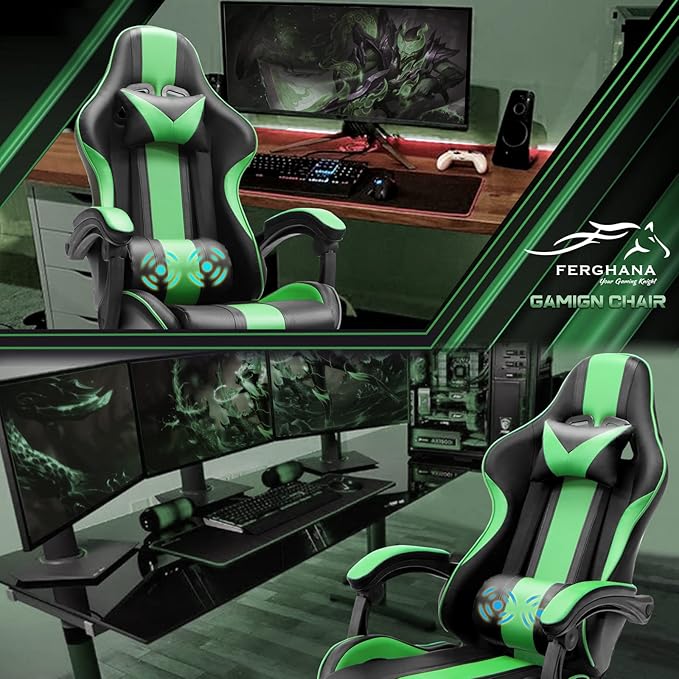 Ferghana Gaming Chairs Ergonomic Racing Style PC Game Computer Chair with Headrest Lumbar Support Adjustable Recliner PU Leather Video Computer Chair(Grass Green)