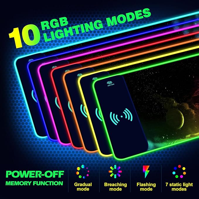 AIMSA Wireless Charging RGB Gaming Mouse Pad 15W Extended LED Desk Mat Protector 800x300x4MM 14 Light Modes Extra Large Mousepad Non-Slip Rubber Base Desk Mat Nebula Universe