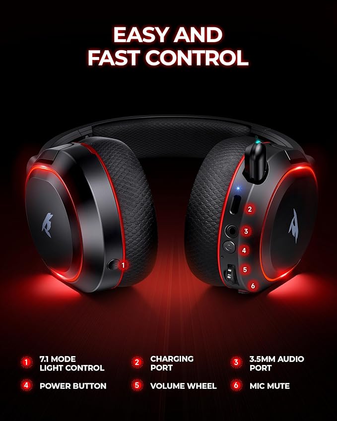 Wireless Gaming Headset 7.1 Surround Sound 2.4Ghz USB Gaming Headphones Bluetooth 5.4 100-Hr Noise Canceling Mic RGB Light Wireless Headset for PC PS5 PS4 Mac Switch ONLY Wired Mode Suit for Xbox