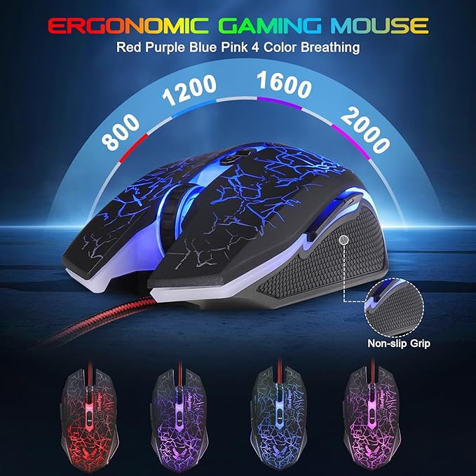 BlueFinger Backlit Gaming Keyboard Mouse and LED Headset Combo - USB Wired 3 Color Crack Backlit Blue LED Light Headset - Set for Work and Game