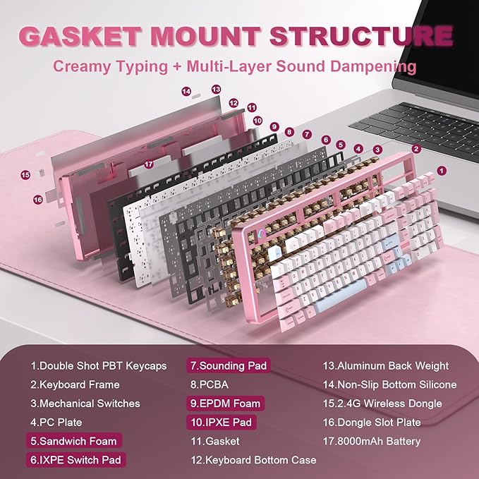 YUNZII AL98 QMK/VIA Wireless Mechanical Gaming KeyboardFull AluminumBT/2.4G/USB-C Pre-Lubed Hot Swappable Gasket Mount 1800 LayoutRGB Backlit for Win/Mac (Pink Cocoa Cream V2 Switch)