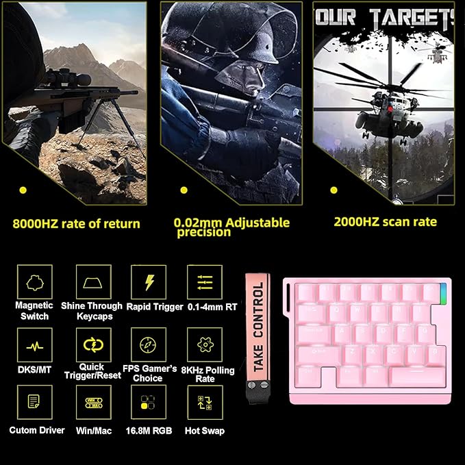 HE30 Rapid Trigger Magnetic Switch Gaming KeyboardOne-Handed Hall Effect RGB HotSwap Adjustable Actuation 8kHz Hyper Fast Mini Macro Gasket E-Sports Keypad Ergonomic Mechanical Keyboard (Pink)